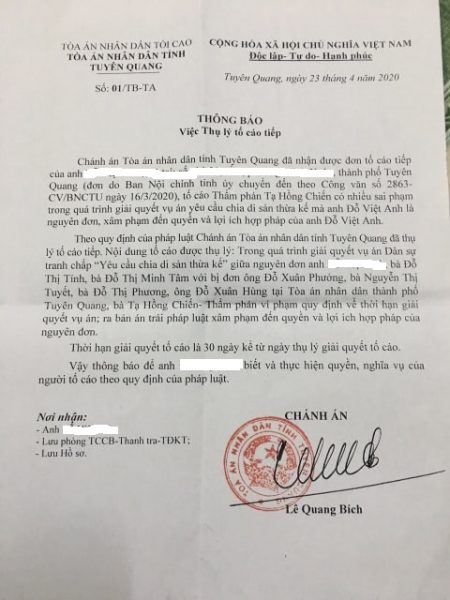 Tuyên Quang: Một thẩm phán bị tố cáo
