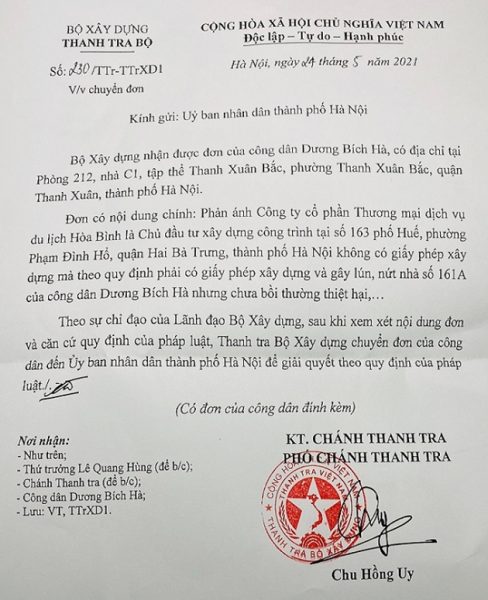 Về bài “Buông lỏng quản lý trật tự xây dựng gây phát sinh đơn thư”: Thanh tra Bộ Xây dựng chuyển đơn đến UBND TP Hà Nội